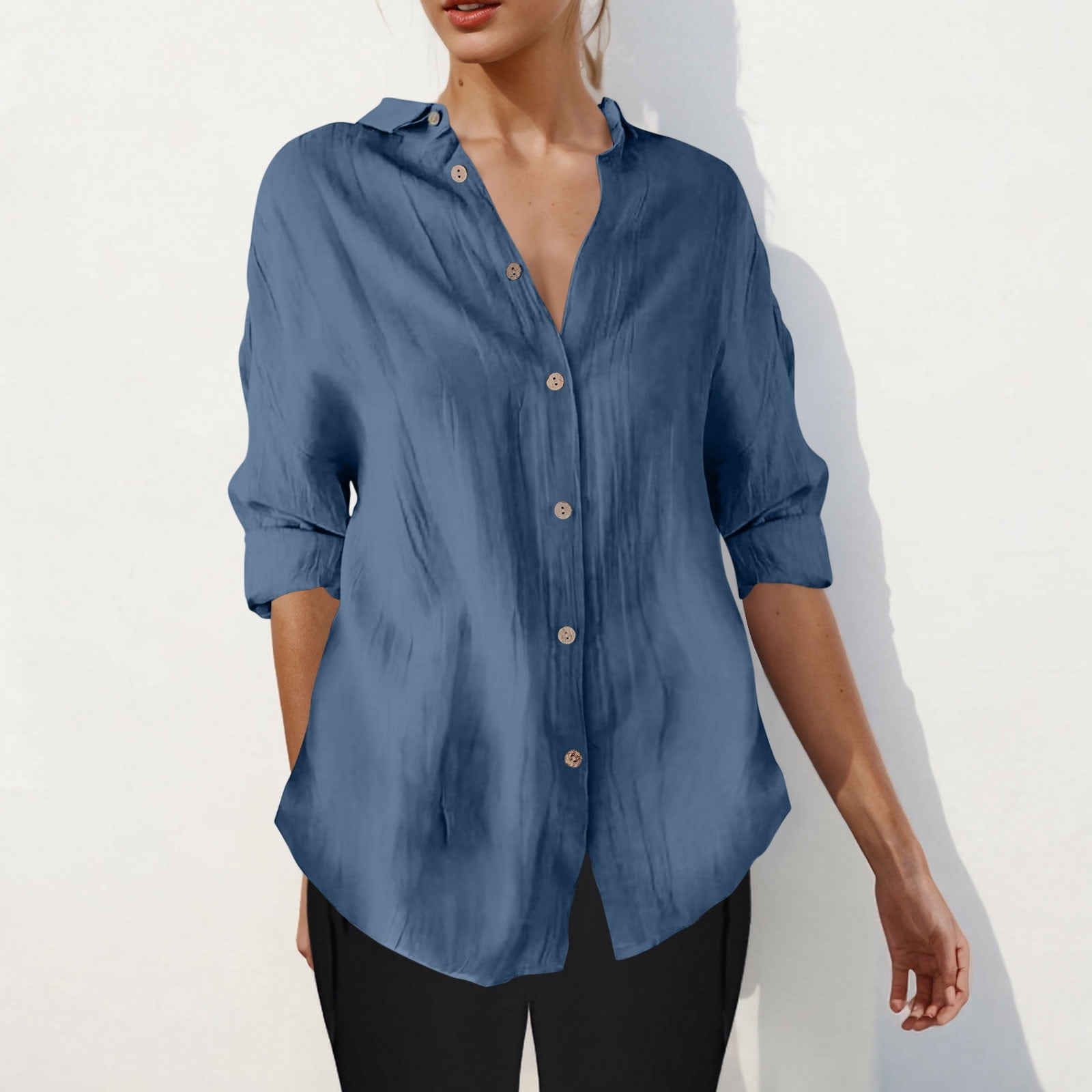 ylioge S-4X Plus Size Shirts for Women 3/4 Sleeve Button-Down Blouses Tops Womens Casual Lightweight Solid Color Collared Work Tshirts Top