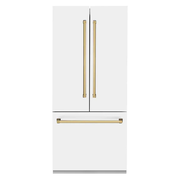 ZLINE 36" Autograph Edition 19.6 cu. ft. Built-in 3-Door French Door Refrigerator with Internal Water and Ice Dispenser in White Matte with Gold Accents