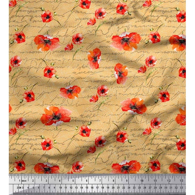 Soimoi Orange Modal Satin Fabric Text & Poppy Floral Print Fabric by Yard 42 Inch Wide