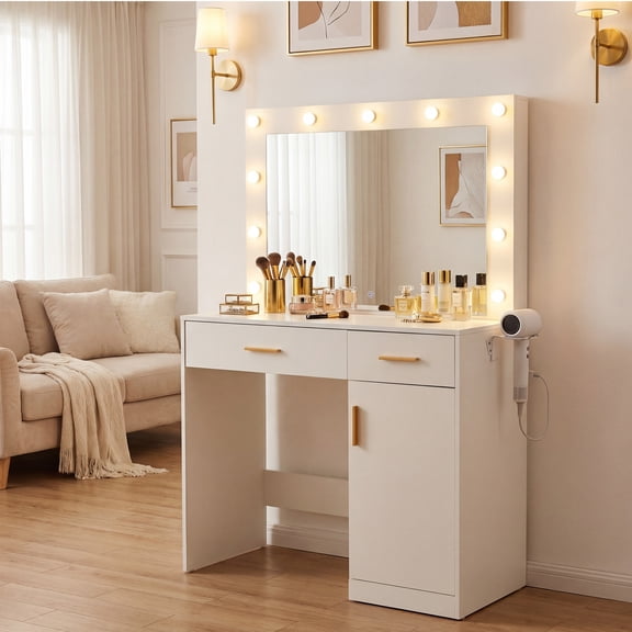 CONCETTA Vanity Desk with Mirror and Lights, Makeup Vanity Table with Hair Dryer & Power Outlet, 2-Drawer Dressing Table for Bedroom,White