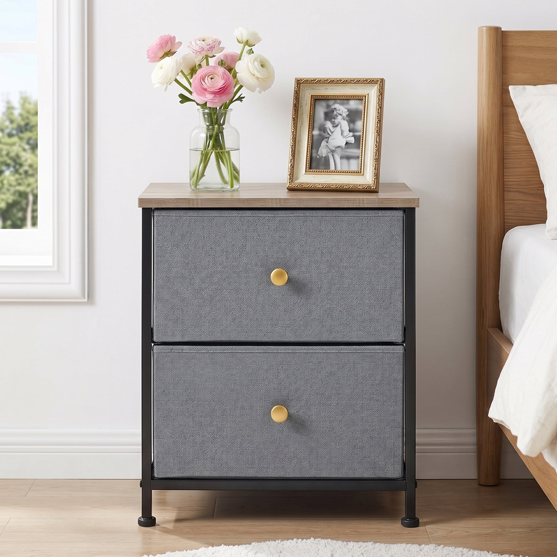 Double Drawer Bedside Table for Bedroom Living Room Storage