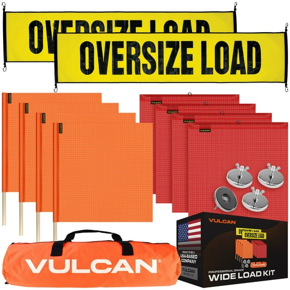 VULCAN Flags, Oversize Load Banners, and Magnets Kit, 2 Stretch Cord Oversize Load Banners, 4 Magnets, 4 Red Flags, 4 Orange Flags, and Bag