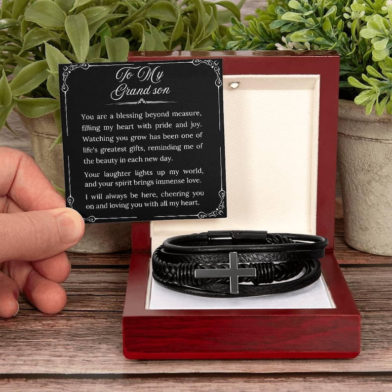 To My Grandson Bracelet from Grandmother/Grandfather, To My Grandson Gift, Bracelet for Grandson, Religious Gift, Grandparent to Son Gift, Cross Bracelet for Grandson with Message Card and LED Box