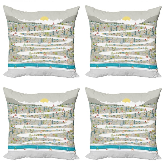 Doodle Throw Pillow Cushion Case Pack of 4, Abstract Cartoonish City Fun Panorama with Buildings and Bikers on Swirling Road, Modern Accent Double-Sided Print, 4 Sizes, Multicolor, by Ambesonne