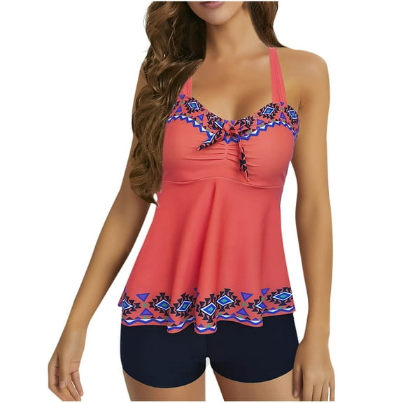 Edvintorg Plus Size Swimsuit for Women Retro Printing Adjustable Tankini Swimsuits Two Piece Bathing Suits Swim Tank Top with Boyshorts Modest Athletic Swimwear