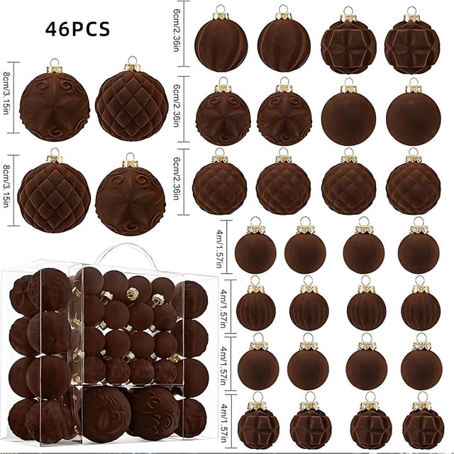 46 Bolas Navideñas de Terciopelo | Adornos Navideños de Plástico Flocado | Color Marrón | Fáciles de Colgar | Textura Flocada | Plástico Resistente | Uso Versátil | 46 Piezas