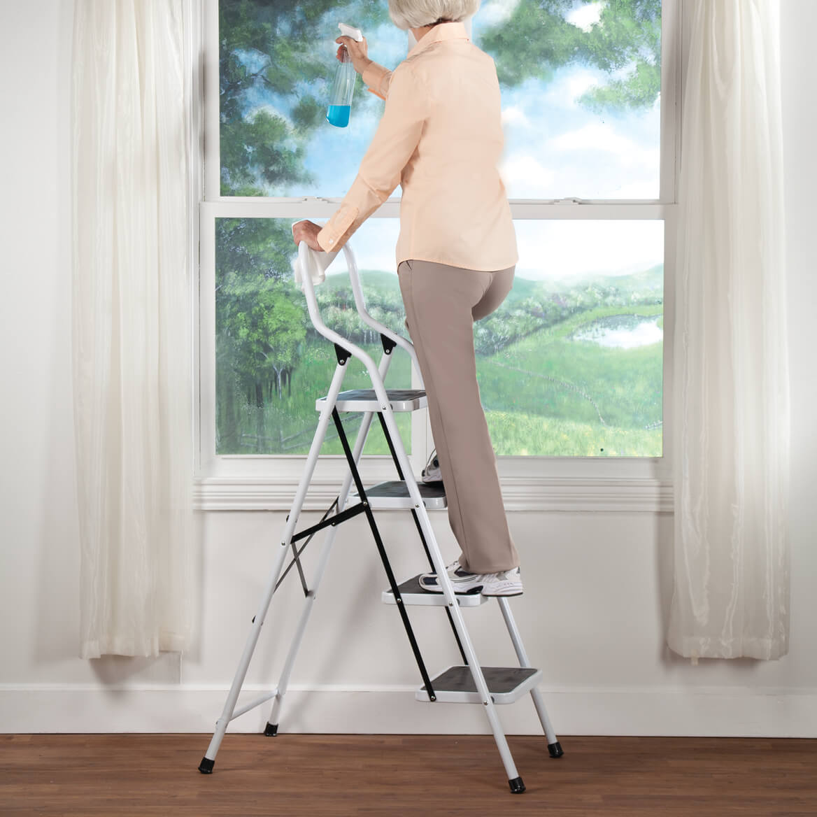 LivingSURE Folding 4-Step Safety Ladder, 2-in-1 Padded Handle and ...