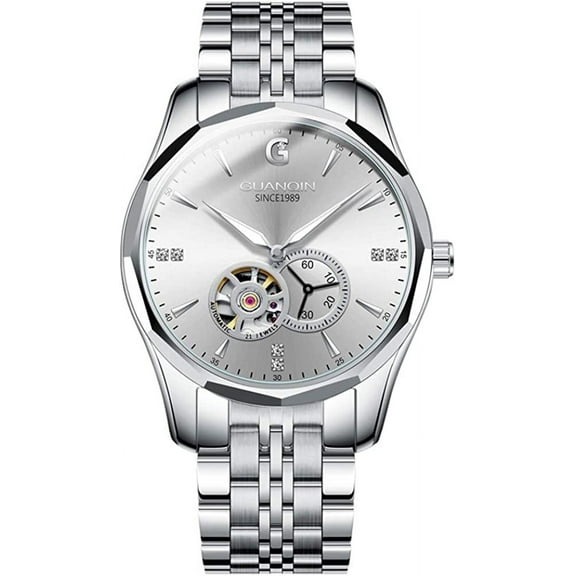 GUANQIN Men Skeleton Japan Automatic Self Winding Wrist Watch with Rhinestone Dial Tungsten Steel Band Luminous