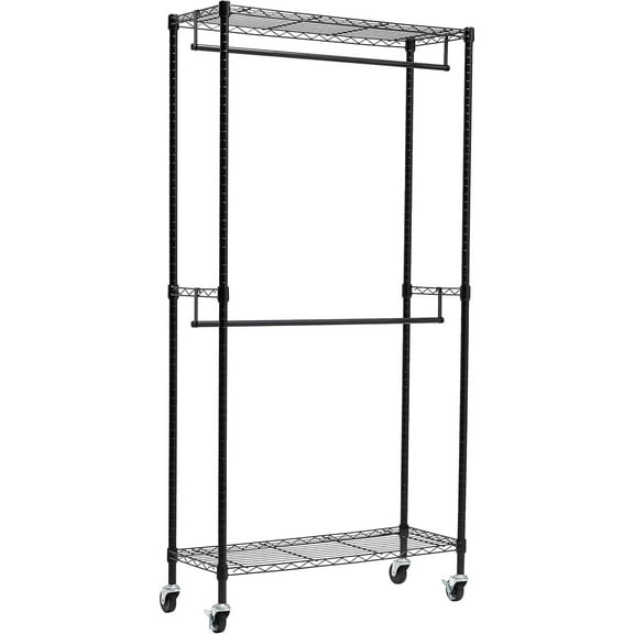 Basics Adjustable, Double Hanging Rod Garment Rolling Closet Organizer Rack with Wheels, Heavy Duty, Black, 36'' x 14'' x 72'', WI-GAR1436B