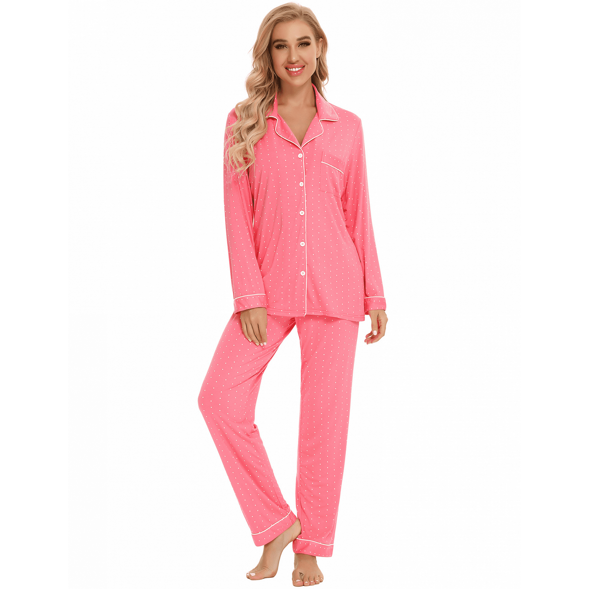 Pajamas for Women Soft Button Up Pajama Set Long Sleeve Shirt and Pajama Pants Lounge Sets Christmas style Red XXL Walmart