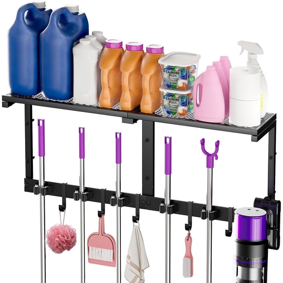 Heavy Duty Broom Holder Wall Mount, All-Metal Mop Rack with Storage Shelves | Space-Saving Cleaning Supply Organizer with Hooks Keeps Mops, Brooms and Tools Handy in Laundry Rooms, Garages and Kitche
