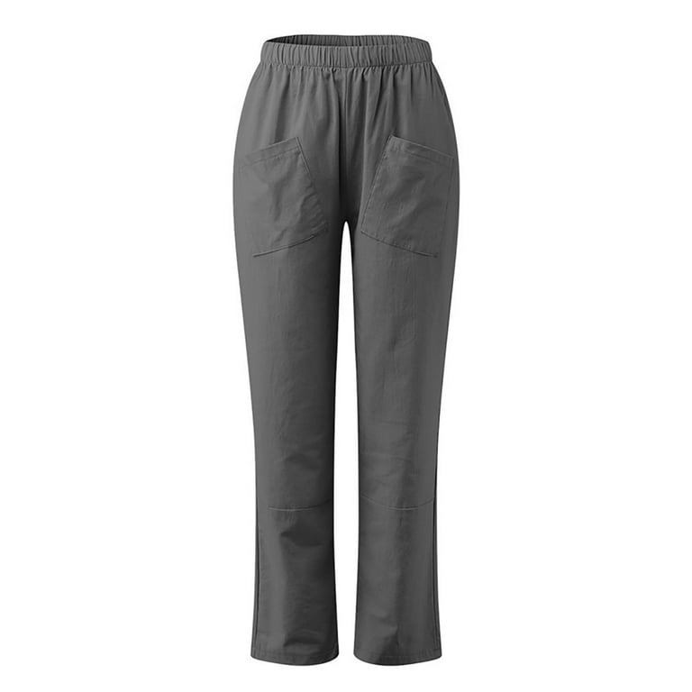 QUYUON Bell Bottom Pants for Women Women Fashion Elastic Waist Casual Solid  Color Straight Leg Cotton Linen Cropped Pocket Trousers Hiking Pants Long Pant  Leg Length Cargo Pant Style N-270 Gray S 