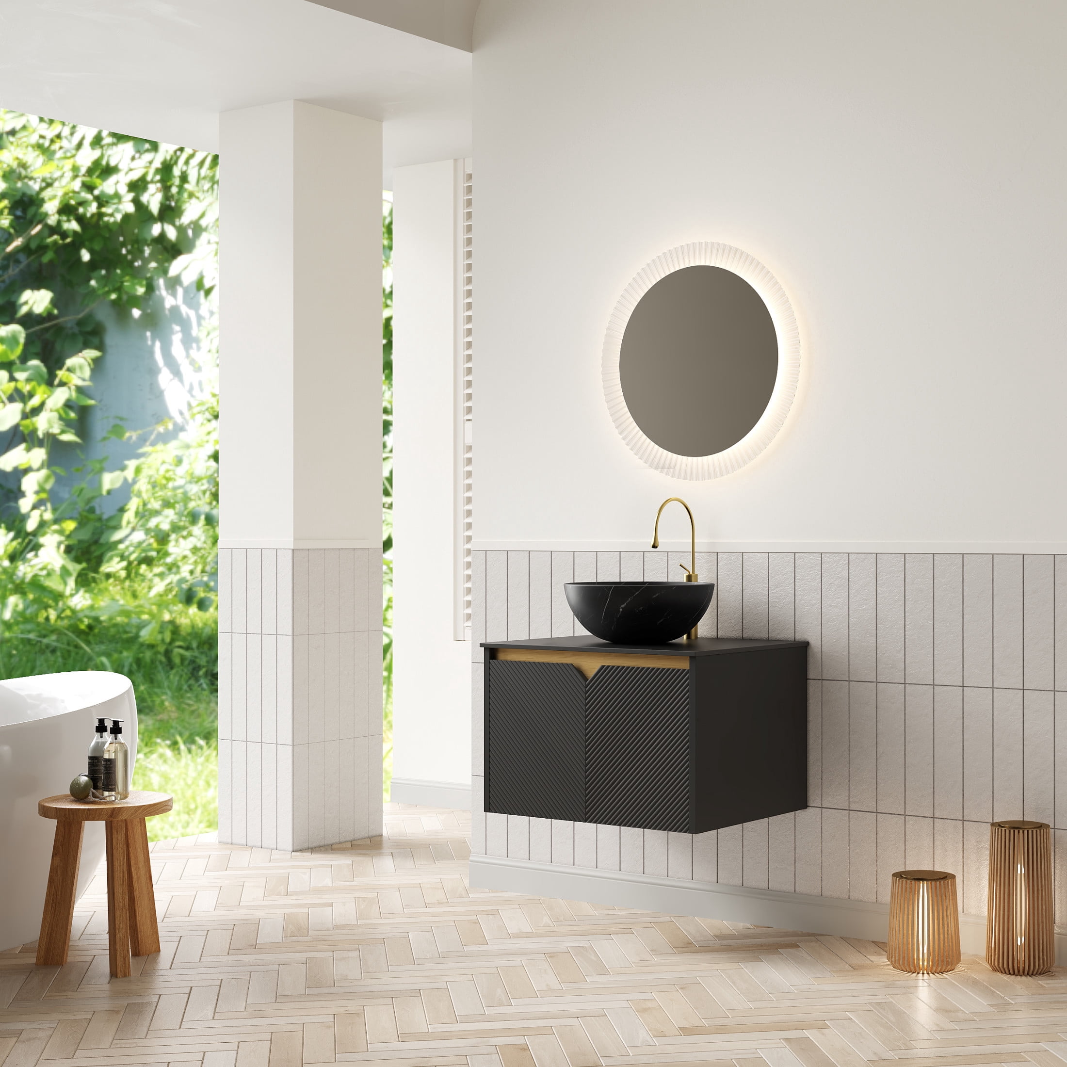 Noble House RUBEN 24" Floating Bathroom Vanity, Sintered Stone Top Cabinet with Black Bowl Ceramic Vessel Sink, Black