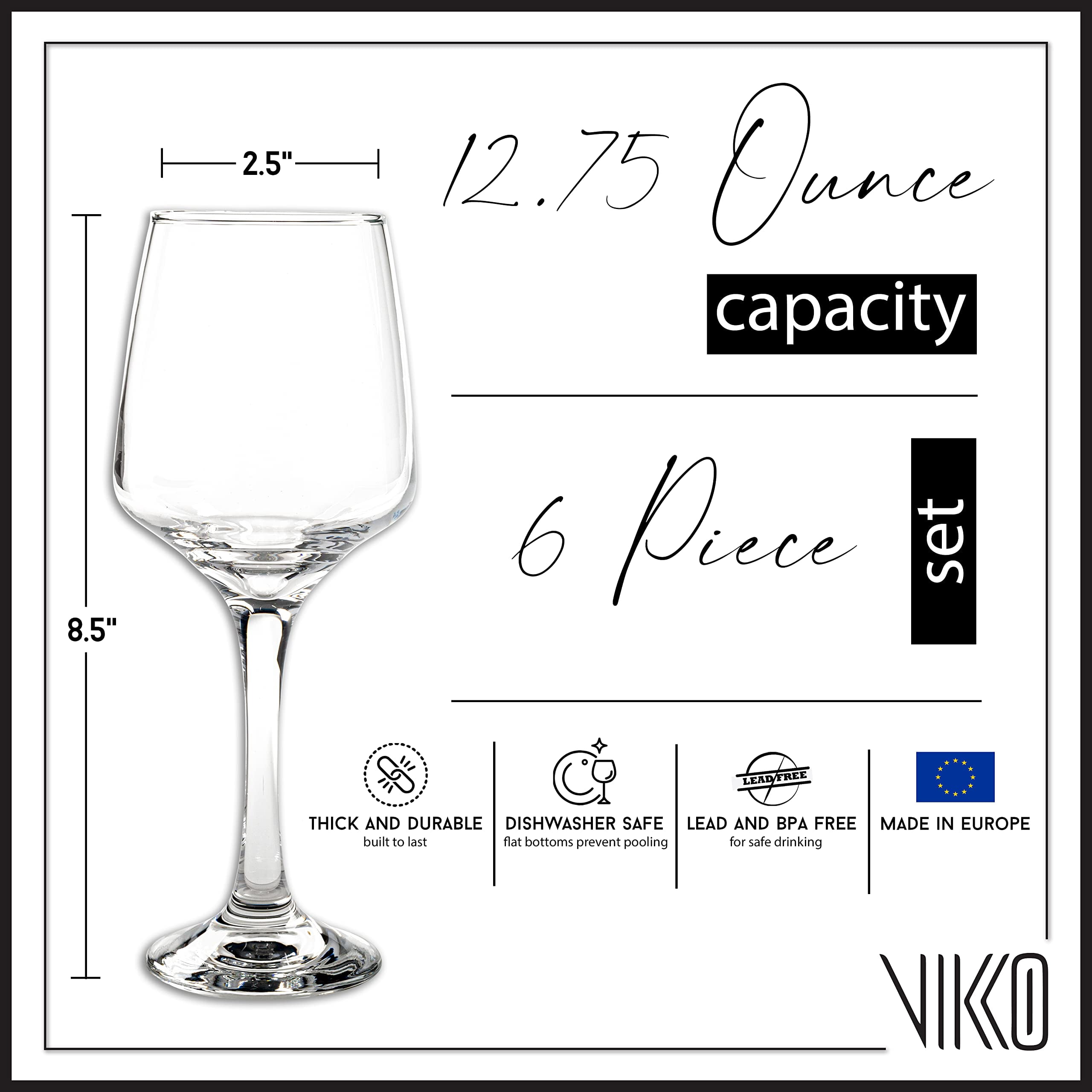 Vikko 12.75 oz Wine Glass Set of 6, Clear, Thick Durable Glassware for Everyday Use, Parties & Entertaining, Dishwasher Safe, 2.5 inch Diameter