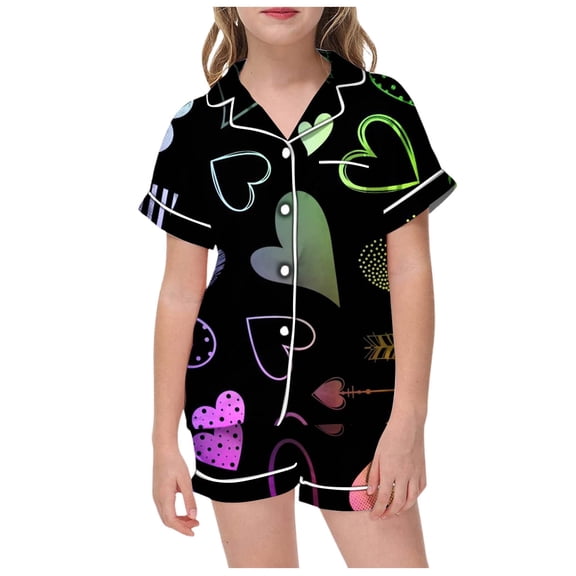 LRen Girls Valentines Day 2 Piece Sets, Girls Outfit Silk Satin Tops Little Kids Girls Short Sleeve Button Down 2 Piece Shirts And Pants Set