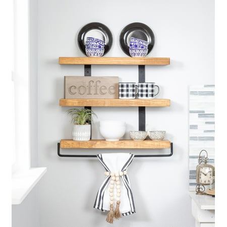 Del Hutson Designs Walnut 24 Inch Industrial 3-Tier Floating Shelf With Towel