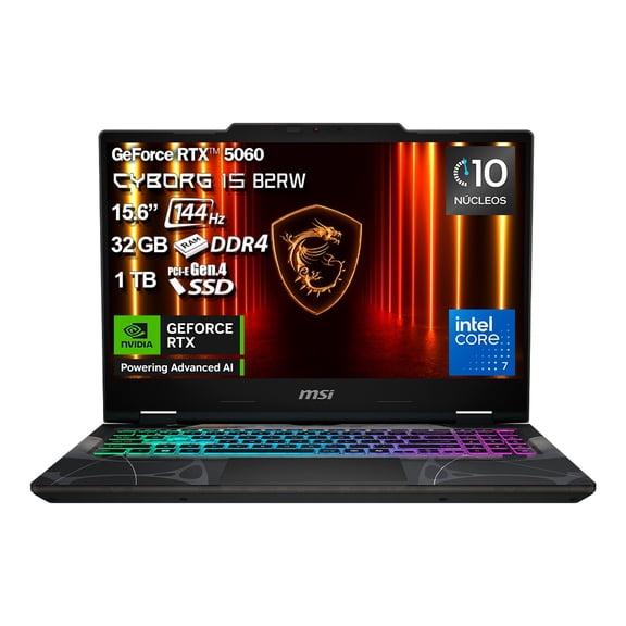 Laptop Gaming MSI Cyborg 15 Intel Core 7 240H 10N NVIDIA GeForce RTX 5060 32GB RAM 1TB SSD Negro