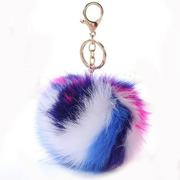 REXANG Faux Fox Fur Pom Pom Keychain Bag Purse Charm Alloy Ring Mixed Multi-Color Fluffy Fur Ball for Womens Bag Cellphone Car Charm Pendant Decoration (Blue)