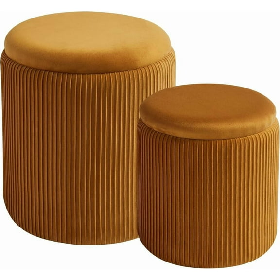 Round Set of 2 Ottoman with Storage-Upholstered Velvet Vanity Stool for Makeup Multifunctional Ottomans Coffee Table Padded Seat Foot Rest for Living Room&Bedroom (Yellow)