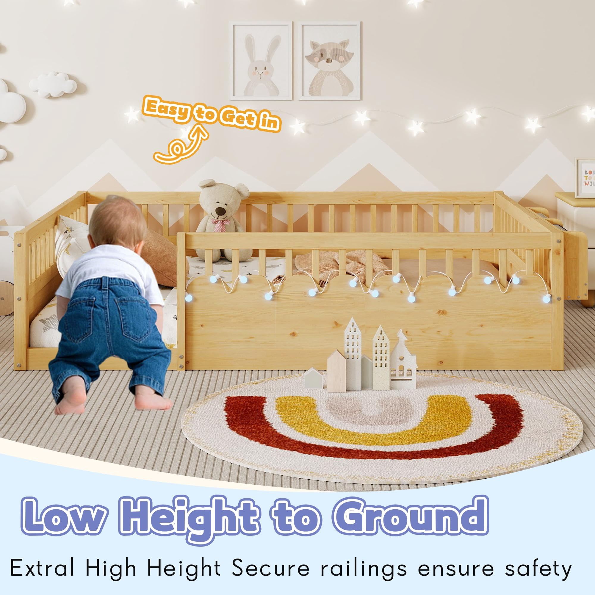 Mirightone Full Size Montessori Floor Bed LED Illuminated Safe Low Profile with Storage, Safe & Wider Opening Gate Design, Natural