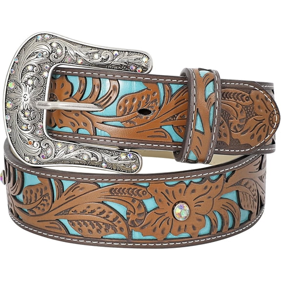 Western Belts for Women Cowgirl Cowboy Country Belt Turquoise Rhinestone Leather Belt Brown Plus Size Belt
