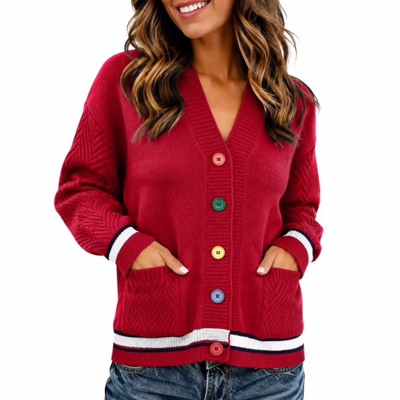 PBFRDSJ Women's Knit Cardigan Sweaters Contrast Striped V Neck Colorful Button Open Front Sweater Long Sleeve Knit Outerwear with Pockets Free Sizes