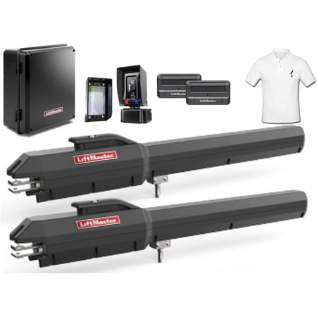 Liftmaster LA500PKGUL Dual Swing Gate Opener Kit - Includes Extra LA500 Arm, (2) 811LM Remotes, Battery Backup, Receiver & Photocell, Gate Sensor, and SMFE Cotton Installer Shirt