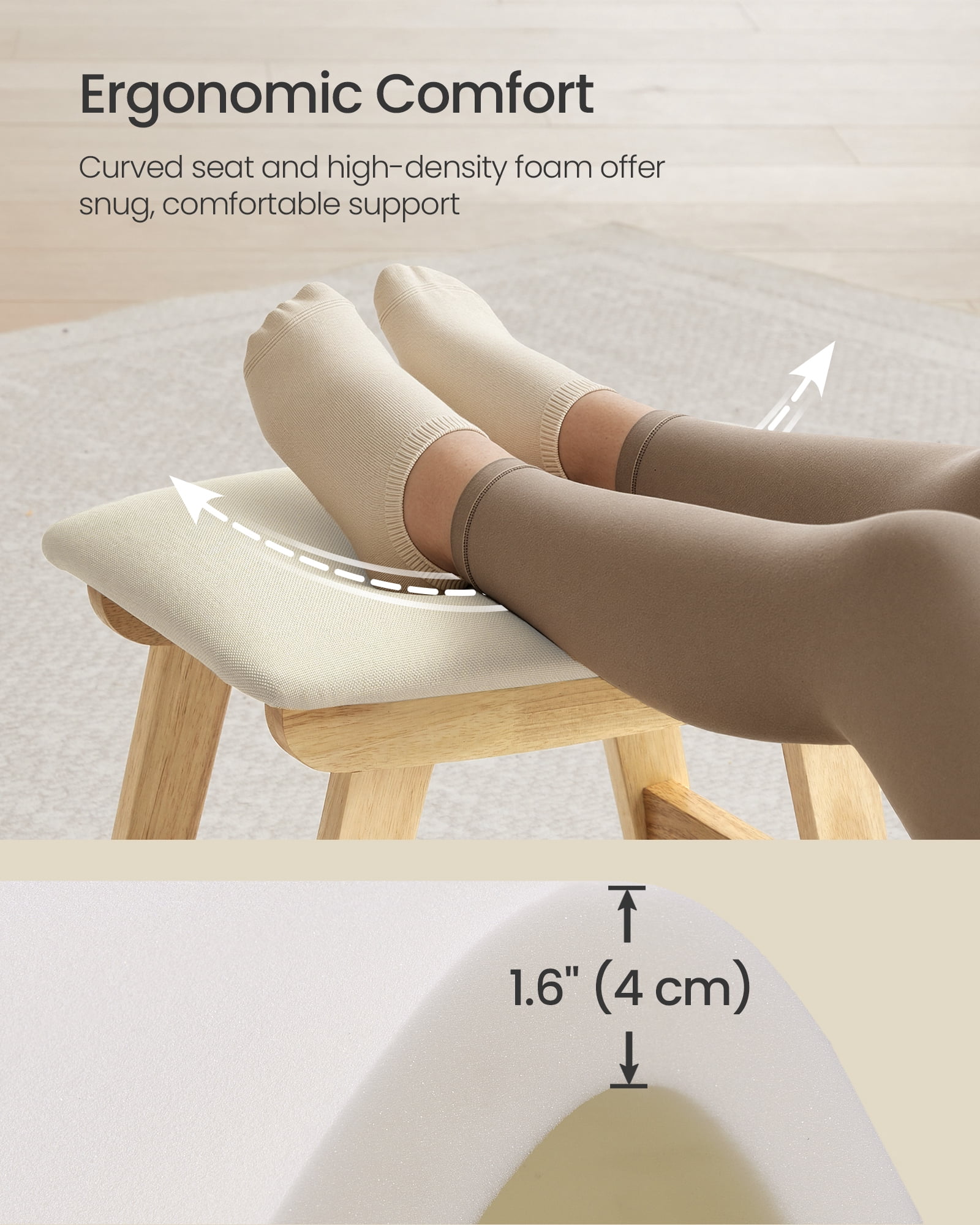 SONGMICS Foot Stool Ottoman, Padded Foot Rest Under Desk with Solid Wood Frame, Removable Cover, Summer Sand and Natural Beige