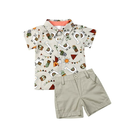 

AMILIEe Toddler Boys Alpaca Shorts Set Short Sleeve Button Down Shirt + Shorts Pants 2 Pieces