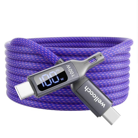 Wellooch 100W USB-C to USB-C Cable with LED Digital Display, 6ft, Purple - Cloth Braided Fast Charging Cord