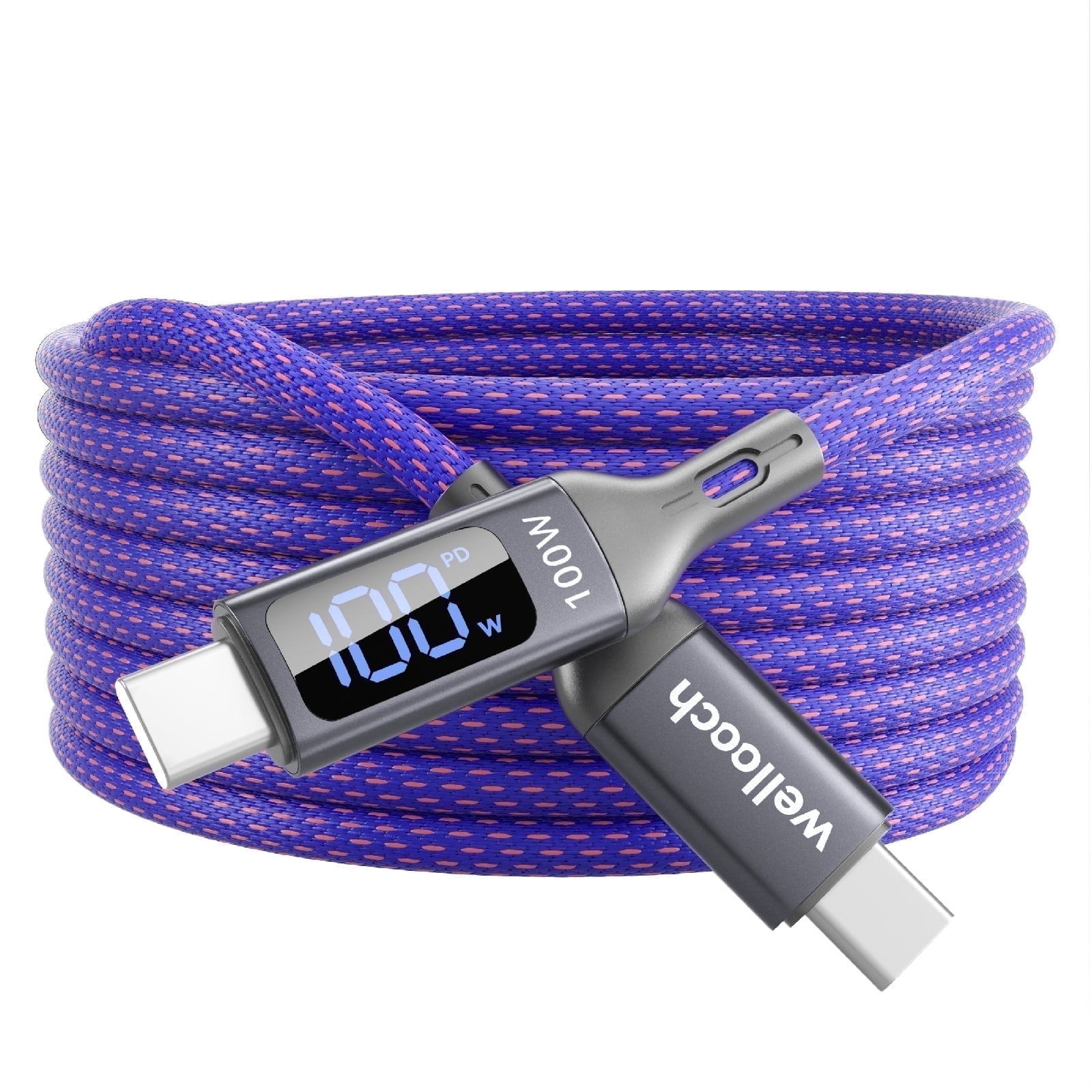 Wellooch 100W USB-C Cable 6ft with LED Digital Display, Purple
