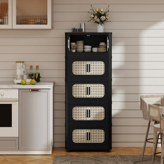 Noble House 20" Folding Plastic Storage Cabinet, 5-Tier Collapsible PP Bins, Magnetic Door with Wheels, Retro Black