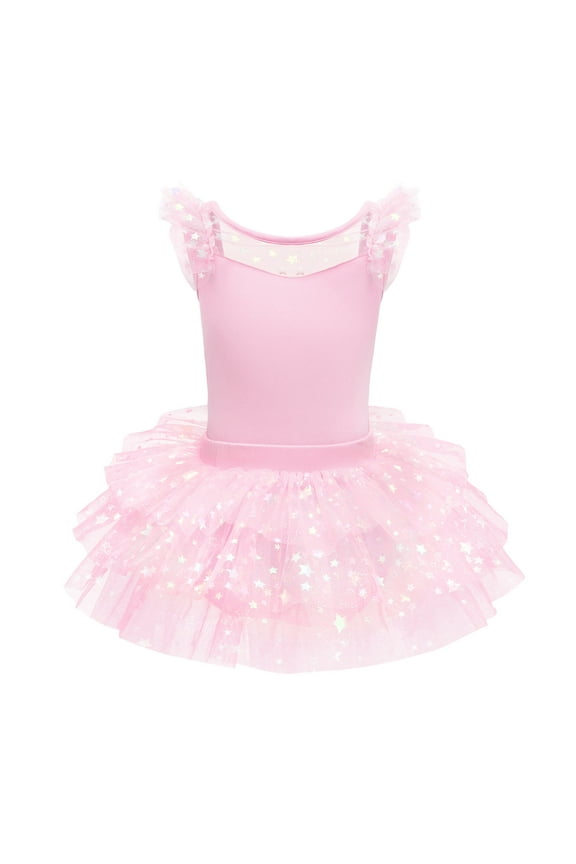 Kids Girls Glitter Star Leotard Sequin Ruffle Sleeve Ballet Dance Dress Ballerina Dancewear Gymnastics Outfit 5-6 Years Pink