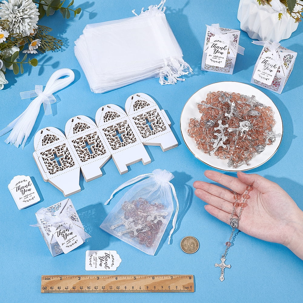 120PCS Baptism Favors Set Including 30 Mini Rosary Baptism Favors 30 Hollow Gift Boxes 30 Organza Bags 30 Thank You TagsDIY