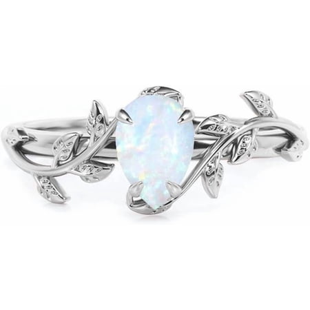 Pear Cut White Opal Vine Leaf Rings for Women S925 Sterling Silver 6X8 MM Created Opal Art Deco Inspired Leaf Ring Promise Statement Anniversary Ring for Her Size 5-9