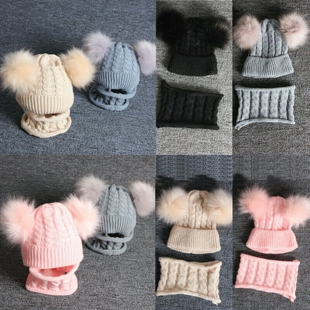 SUNSIOM Newborn Kids Baby Boy Girl Double Faux Fur Pom Hat Winter Warm Knit Bobble