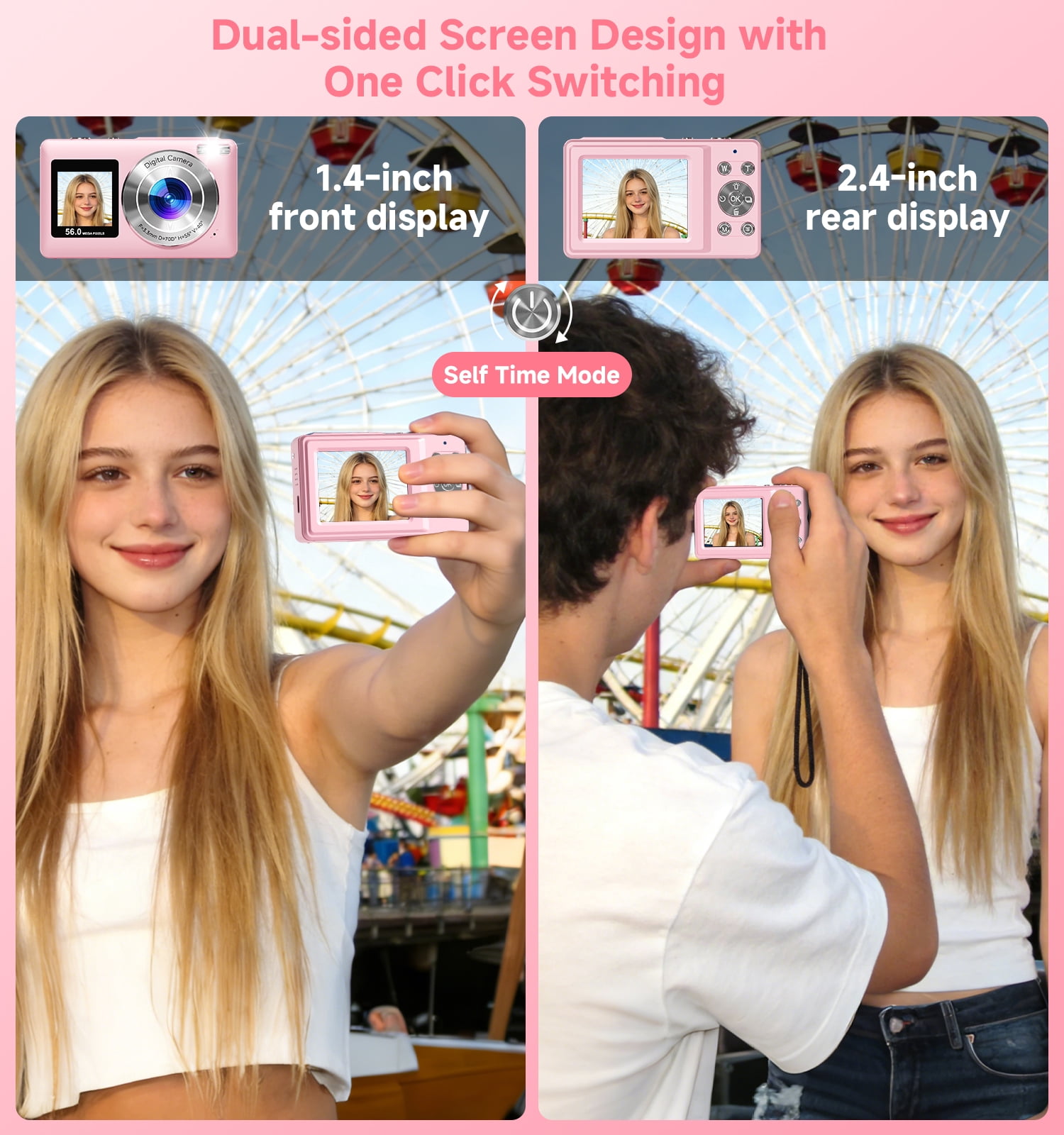 2026 Upgraded 56MP Dual Screens Digital Camera, Compact Cameras Built-in Battery with 16X Zoom Auto Focus Travel Cameras with Smile Capture 32GB SD Card Anti Shake for Kids Teens(Pink)