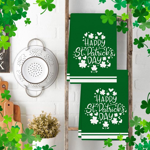 Toalla de Mano para Festivales Irlandeses | Toalla de Cocina Del Día de San Patricio con Estampado de Trébol Verde | Toalla de Cocina Absorbente de Poliéster | Paño Duradero para Baño, Cocina, Decora