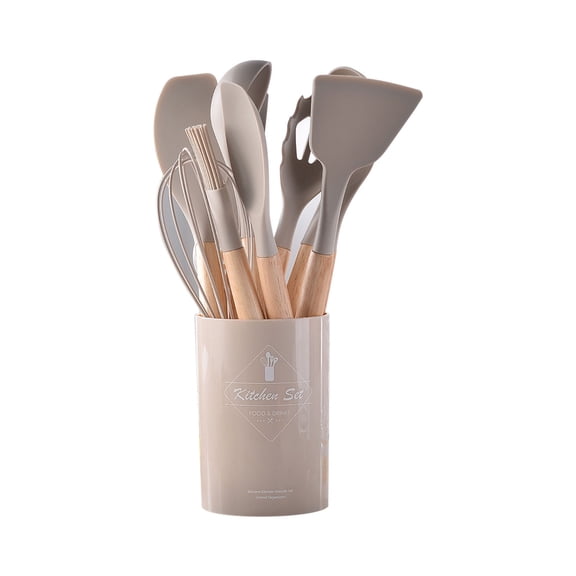Silicone Cooking Utensils Set - 14 Piece Silicone Kitchen Utensils for Cooking Wooden Handles, 446°F Heat Resistant Kitchen Utensil Spatula Sets w Holder, Gadgets for Non-Stick Cookware BPA FREE