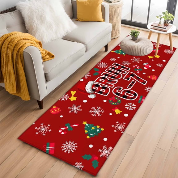Red Christmas 2'x6' Runner Rugs for Hallway Kitchen Bedside Non Slip, Cartoon Xmas Snowflakes Trees Bells Wreaths Entryway Rug Runners with Rubber Backing, Long Carpet Runner for Laundry Room