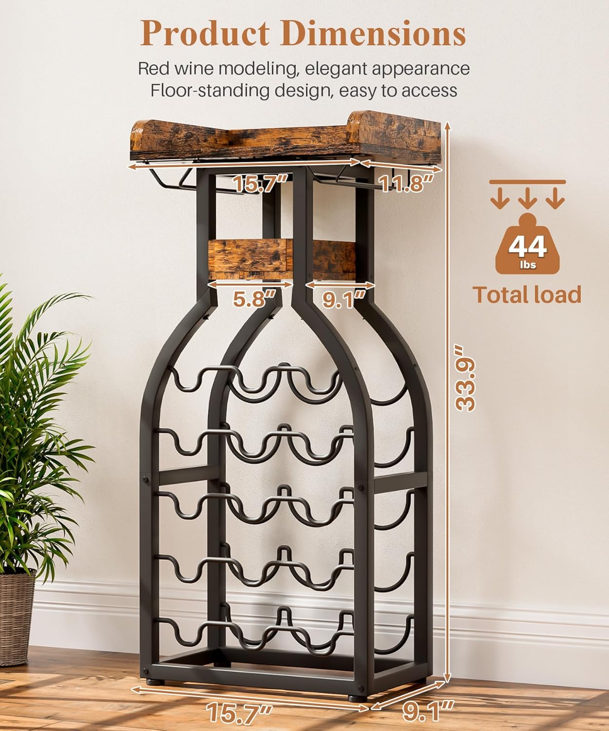 Wine Rack Freestanding Floor, Alcohol Organizer Stand Mini Bar Table Cabinet with Glass Holding Tabletop, 15 Bottles Liquor Storage for Office, Kitchen Dining Living Room