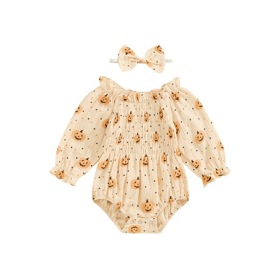 Hirigin Newborn Baby Girl Halloween Outfit 3 6 12 18 Months Pumpkin Print Long Sleeve Cotton Linen Romper Smocked Bodysuit Headband Set