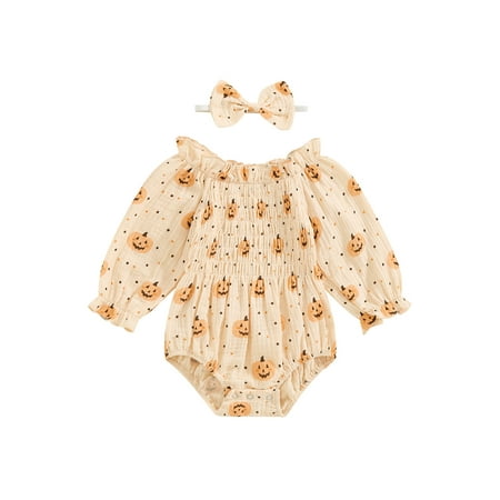 

Niceyoeuk Baby Pumpkin Print Romper Long Sleeve Ruffle Romper with Headband