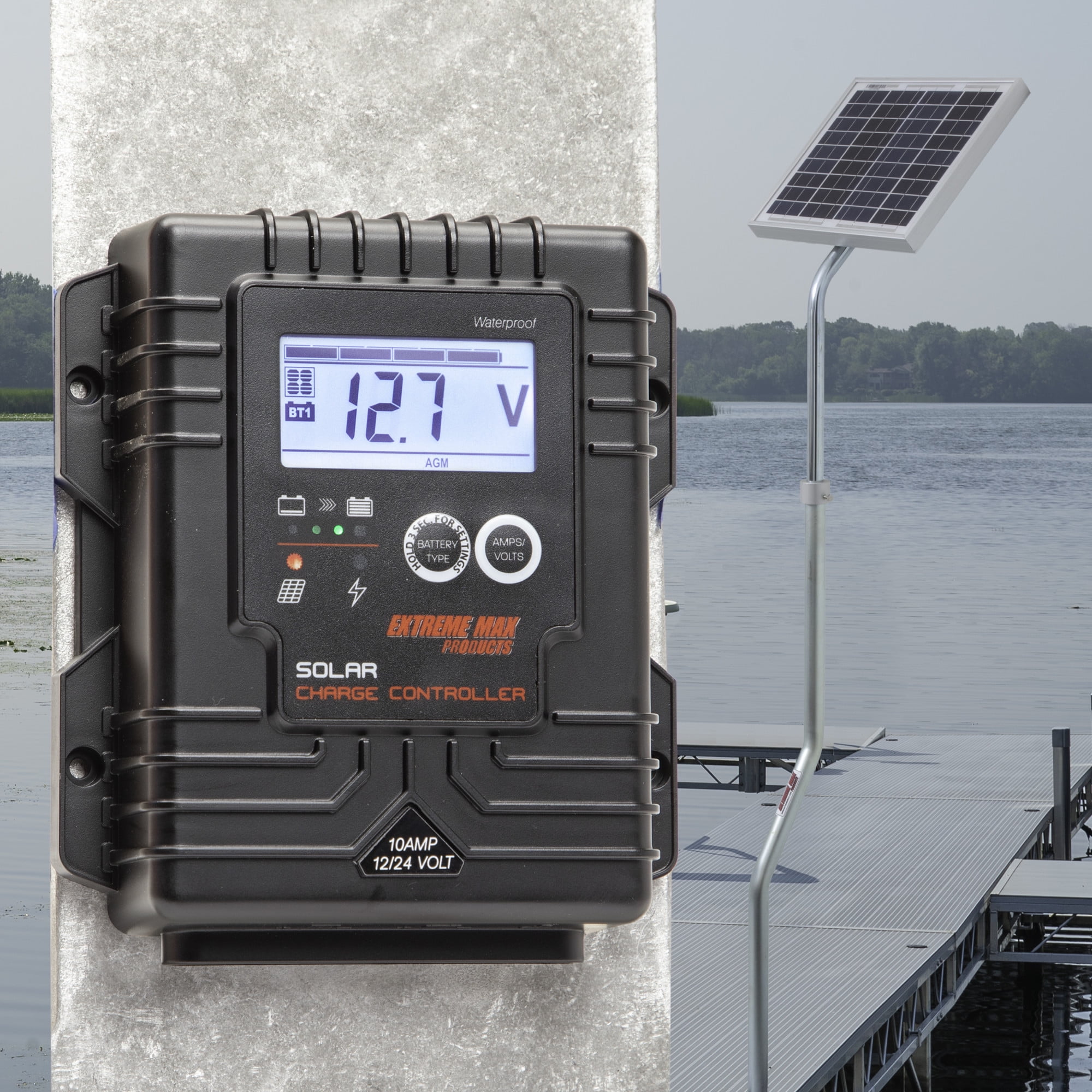 Extreme Max 3004.0669 12/24 Volt Solar Charging Station w/10W Solar Panel, Panel Arm, Digital Controller, and Wiring for Boats, Trolling Motors, Lifts, RV, Camping