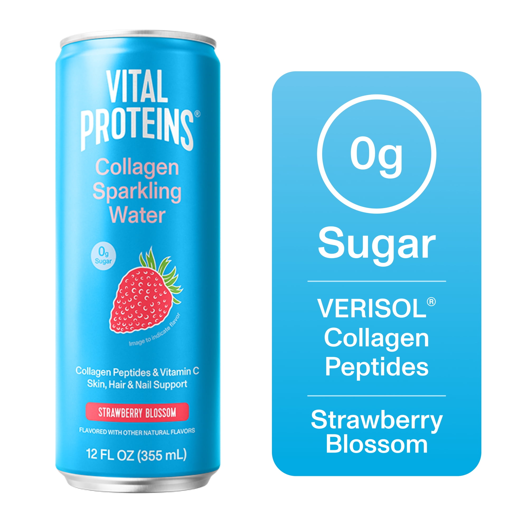 Vital Proteins Collagen Sparkling Water Strawberry Blossom, VERISOL® Collagen Peptides + Vitamin C, 0g Sugar, Liquid Skin Support Drink, 12 FL OZ Can