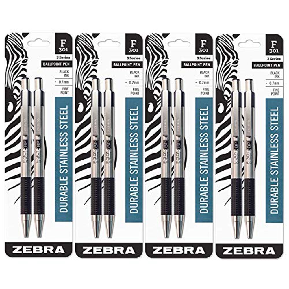 Zebra F301 Ballpoint Retractable Pen, Black Ink, Fine Point Tip, 8 Pens per Pack Refillable