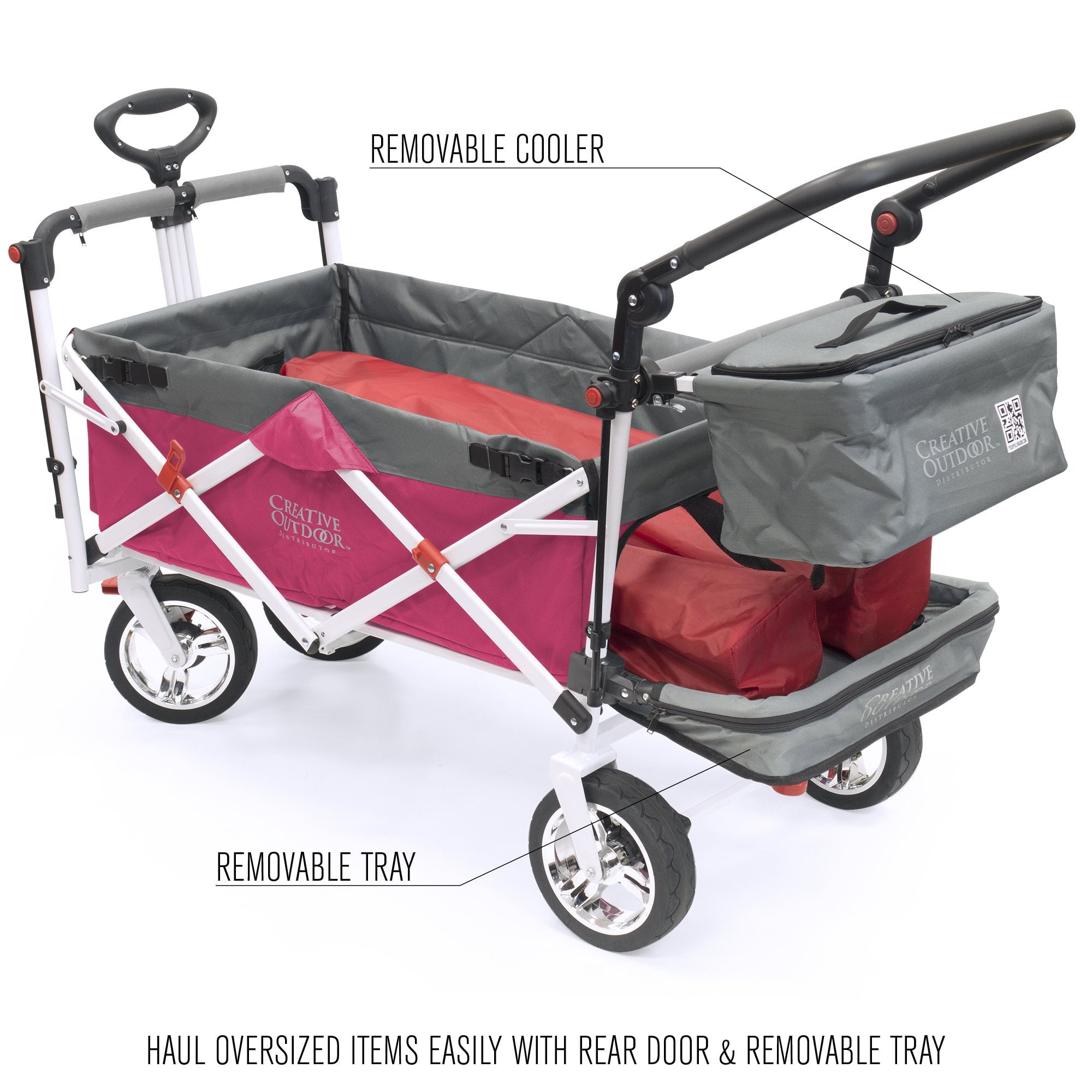 CREATIVE OUTDOOR Push-Pull Collapsible Folding Wagon Stroller Cart w/ Removable Cooler, Canopy & adjustable Handle, Pink