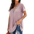 thumbnail image 4 of HUBERY Women Solid Color Lace Crochet Spliced V Neck Short Sleeve Top, 4 of 5