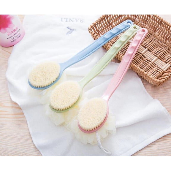 Cribun Shower Body Brush with Bristles and Loofah, Back Scrubber Bath Mesh Sponge with Curved Long Handle for Skin Exfoliating Bath, Massage Bristles Suitable for Wet or Dry, Men and Women (Green)