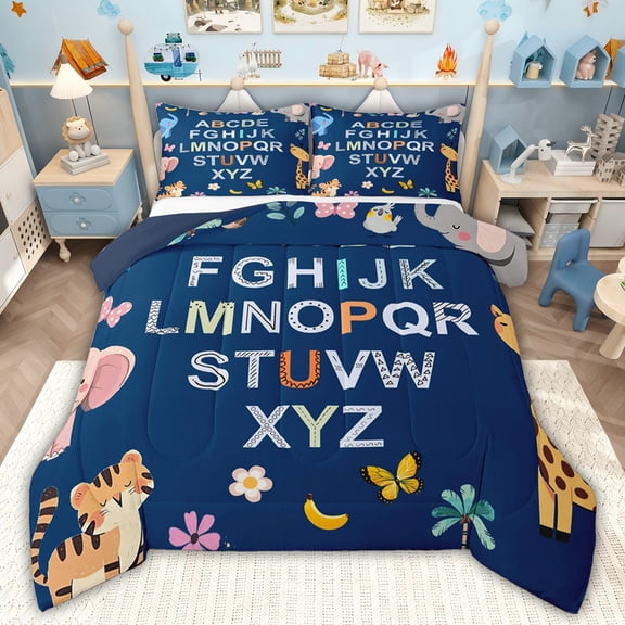 Feelyou Initial Letter Kids Twin Comforter Sets, Cute Tiger Giraffe Bedding Set, 2 Pieces